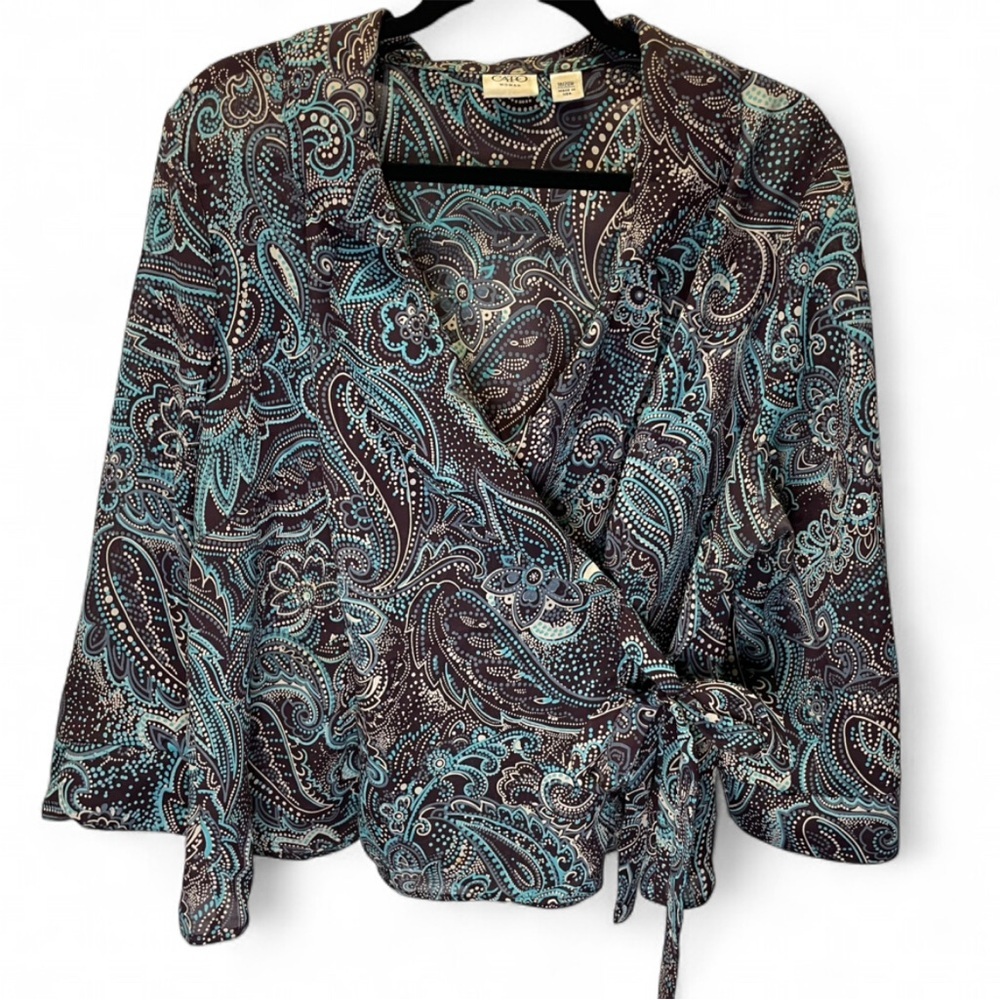 Cato Woman Blouse Wrap Paisley Print Brown Blue Size M Long Sleeve Boho Y2K
